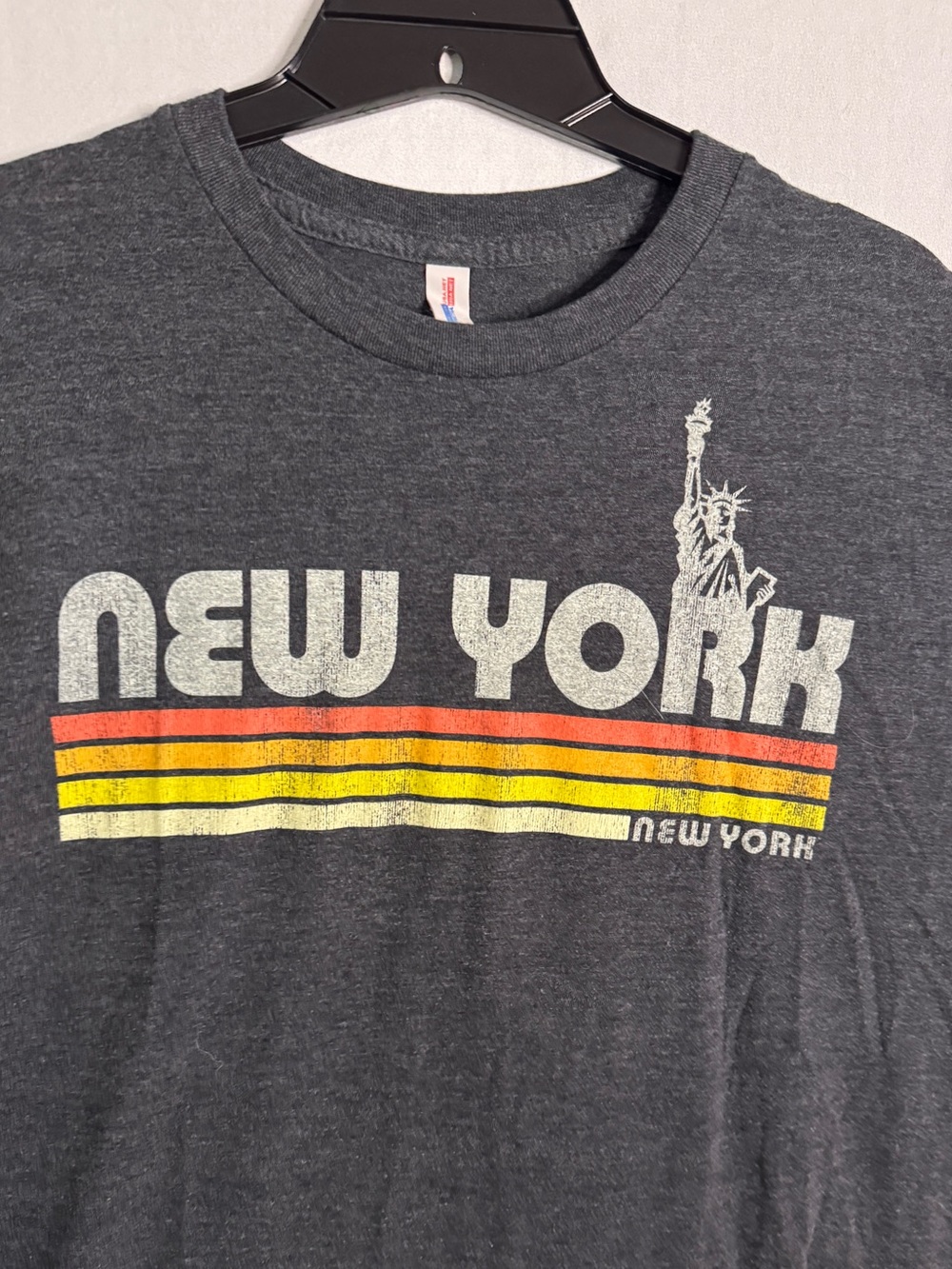 New York Graphic Tee - Charcoal Gray Retro Stripe